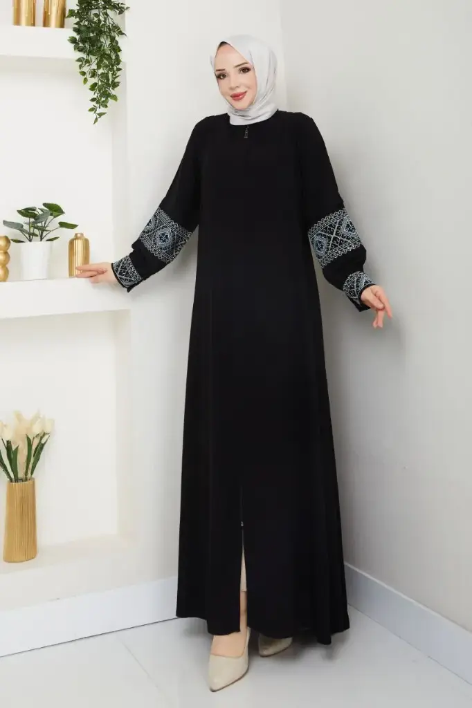 Black abaya with subtle embroidery on the sleeves